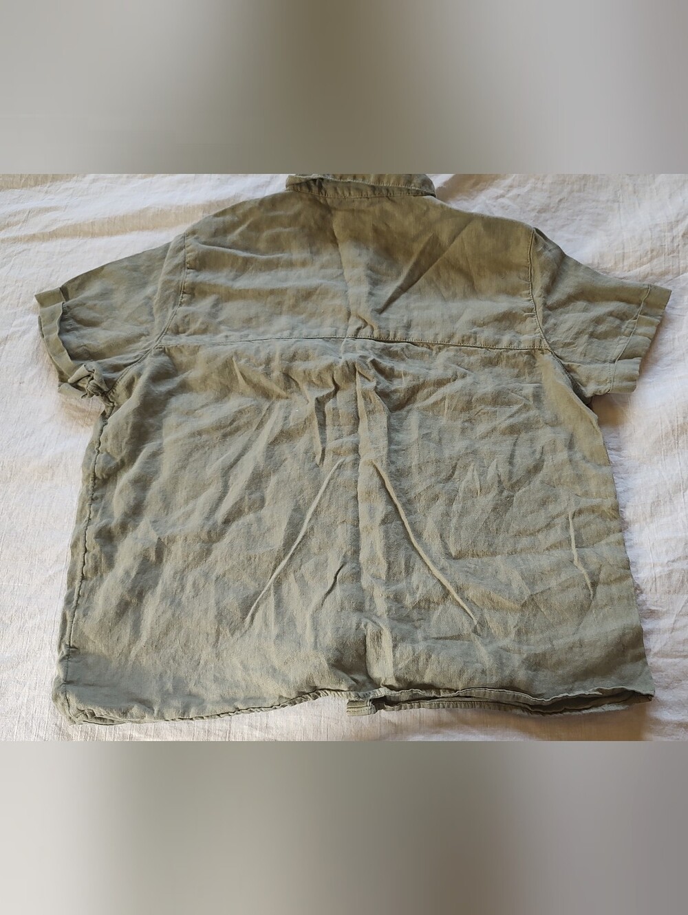 Sigrid Olsen Casual Short-Sleeve Button-Down Shirt Olive Green Collar 100% Linen - Picture 3 of 3